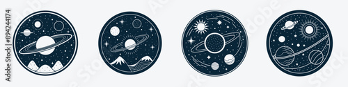 Set four astronomy-themed illustrations depicting different celestial body phenomenon, asteroid meteor meteorite moon