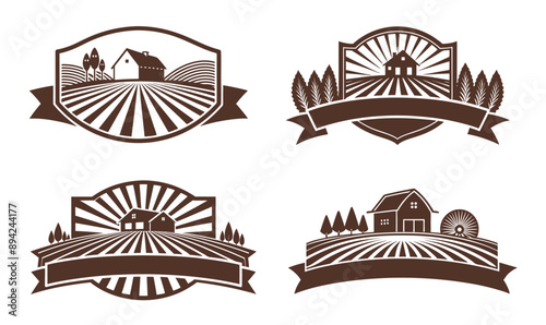 Set rural landscapes farmhouses, house trees plants sun