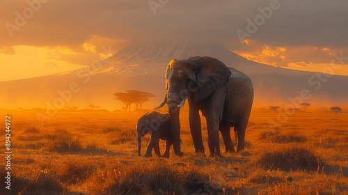 An elephant and its calf stand in a savanna bathed in the golden light of sunset