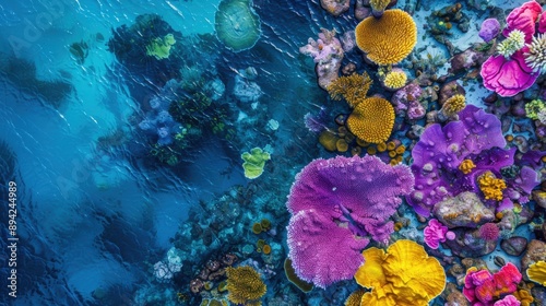 Fototapeta Naklejka Na Ścianę i Meble -  Breathtaking Aerial View of a Colorful Coral Reef Teeming with Life on Ocean Floor