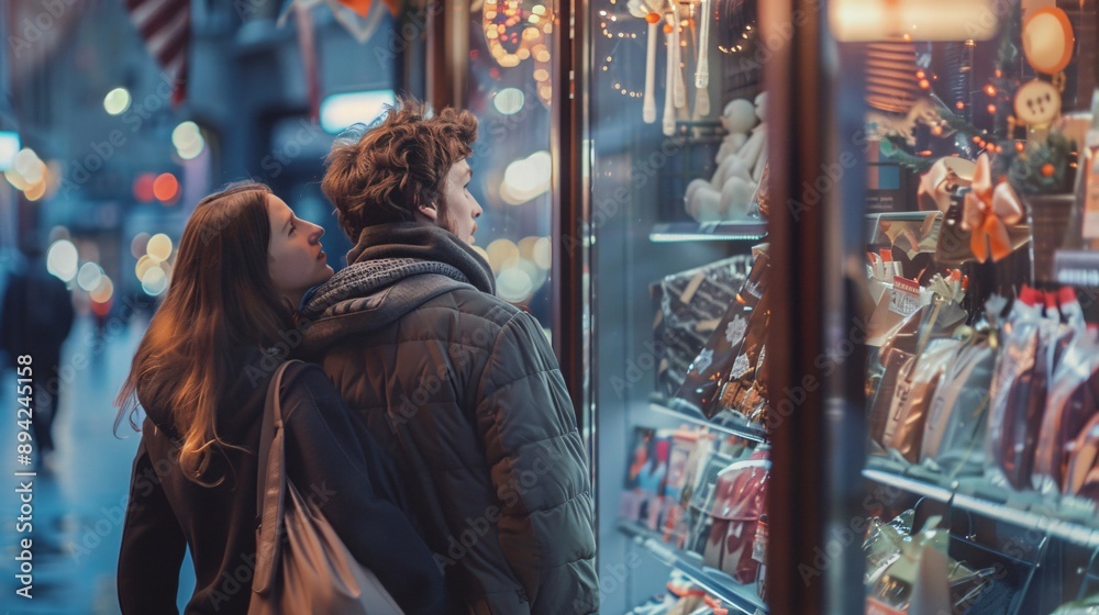 A couple looking at a shop window display during a sale A couple looking at a shop window display during a sale