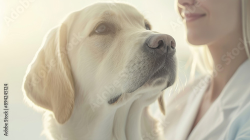 A woman is holding a dog with a white nose