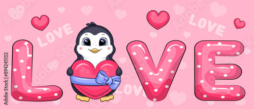 Word Love and cute cartoon penguin with pink heart. Vector illustration od animal and letters on pink background with hearts.
