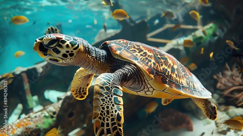 An adventurethemed image of a sea turtle exploring a hidden shipwreck photo
