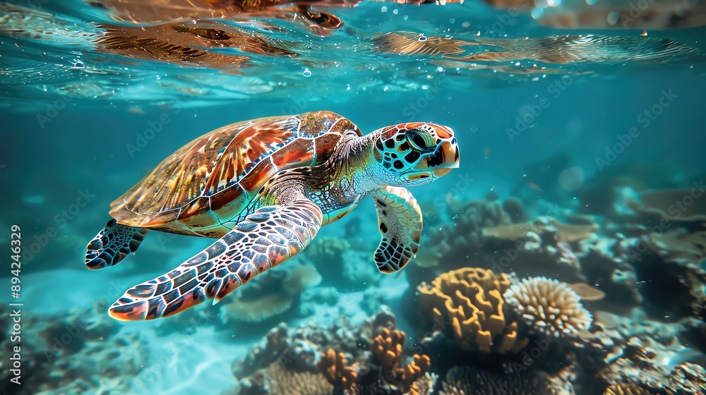 Fototapeta premium A realistic photo of a sea turtle swimming in the clear waters of a coral atoll