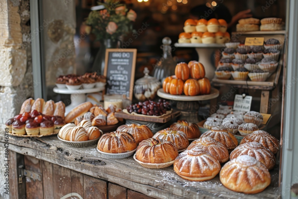 Delicate pastries displayed in a bakery window. Delicate pastries displayed in a bakery window.