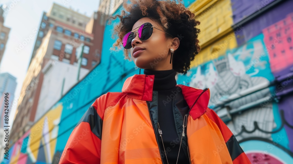A gender-diverse individual radiates confidence and unique style in a vibrant urban setting.