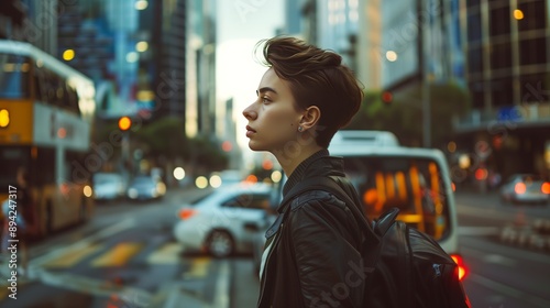 A non-binary person confidently walks a busy street in a vibrant outfit matching their spirit.