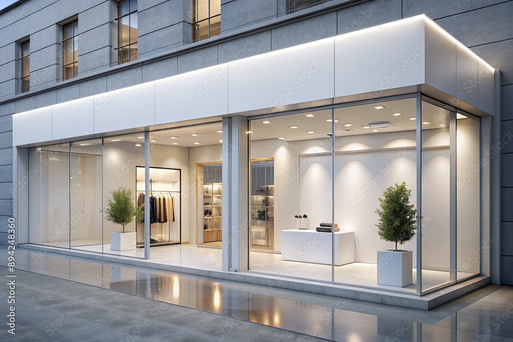 custom made wallpaper toronto digitalClean white modern storefront mockup with sleek glass walls, minimalist signage, and sparse decor, perfect for showcasing product displays or branding concepts.