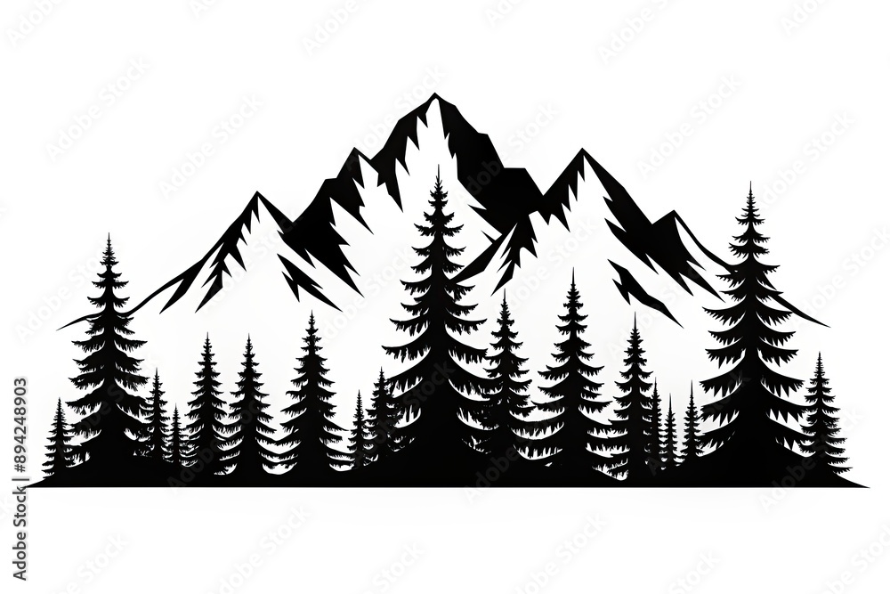 Fototapeta premium Stunning black silhouette of rugged mountains and fir trees against a crisp white background, ideal for outdoor adventure logos and wildlife landscape illustrations.