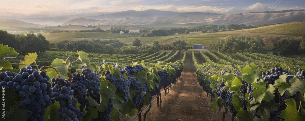 Fototapeta premium Vineyard with rows of grapes ready for harvest.