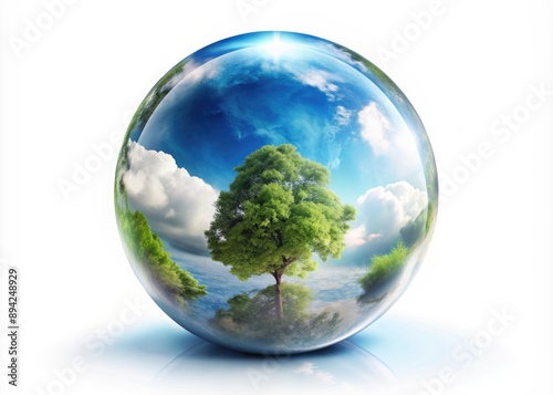 A delicate transparent glass sphere containing a miniature earth with blue oceans, green forests, and white clouds, isolated on a white background. photo