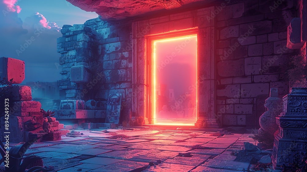 Mysterious glowing portal in an attic, casting eerie light on ancient artifacts. Minimalist UI in a flat illustration style on a white background with bright Color scheme, dribble, flat Illustration Mysterious glowing portal in an attic, casting eerie light on ancient artifacts. Minimalist UI in a flat illustration style on a white background with bright Color scheme, dribble, flat Illustration