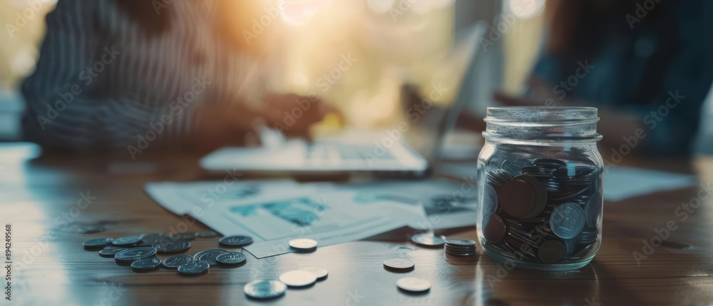 Glass jar filled with coins on a table with scattered coins, blurred background of people working. Glass jar filled with coins on a table with scattered coins, blurred background of people working.