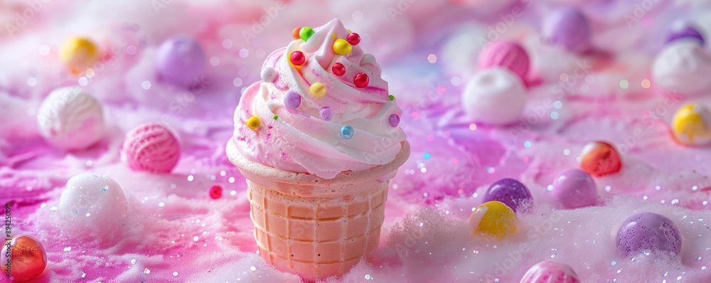 Colorful cupcake with pink frosting and sprinkles on a pastel background, surrounded by fluffy decorations and candy balls. Colorful cupcake with pink frosting and sprinkles on a pastel background, surrounded by fluffy decorations and candy balls.