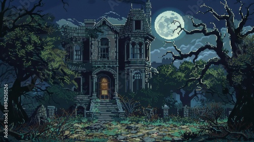 Pixel Art Haunted Mansion Background for HalloweenThemed Game Design, Poster, or Card