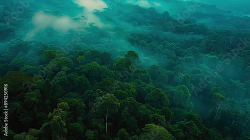 Majestic Aerial View of a Lush Rainforest Canopy Blanketed in Mist © Bionic