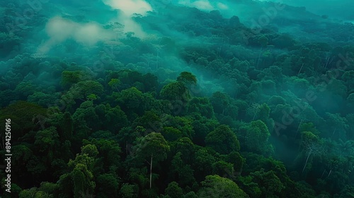 Majestic Aerial View of a Lush Rainforest Canopy Blanketed in Mist