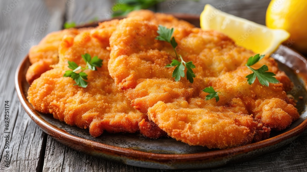 Close-up of a delicious Wiener Schnitzel on a plate, highlighting its status as a popular international food concept Close-up of a delicious Wiener Schnitzel on a plate, highlighting its status as a popular international food concept