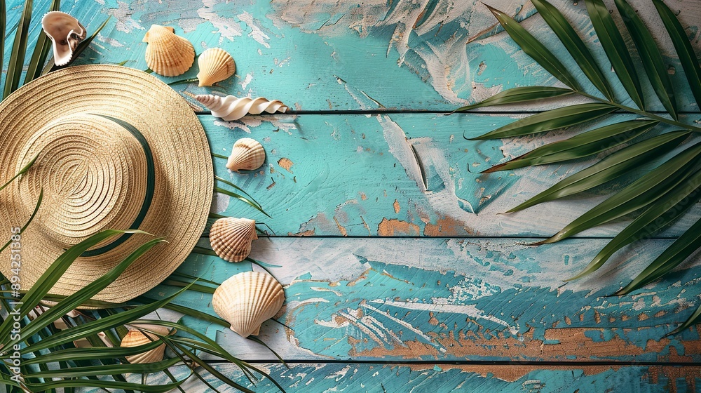 Straw hat with seashells and palm leaf on wooden background Straw hat with seashells and palm leaf on wooden background