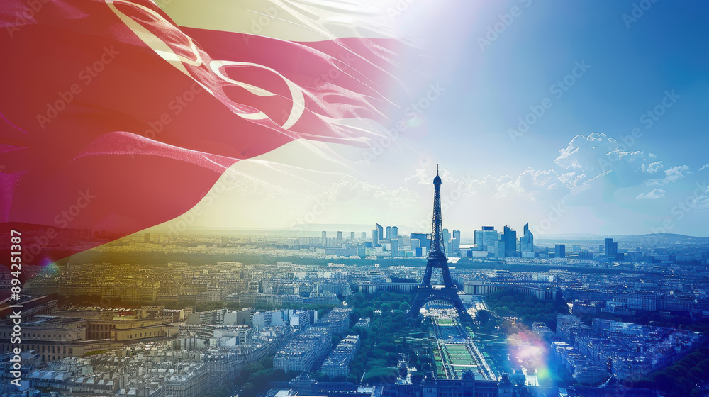 Obraz premium French flag with the Summer Olympics 2024 logo and the Eiffel Tower in the background, panoramic view of Paris