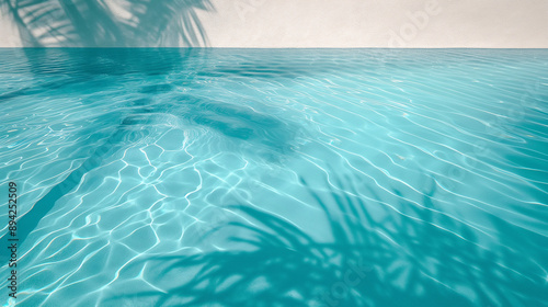 a pool with clear turquoise water. The water's surface reflects the sunlight, creating a shimmering effect. To the left, there's a white wall with a shadow of a palm tree cast upon it