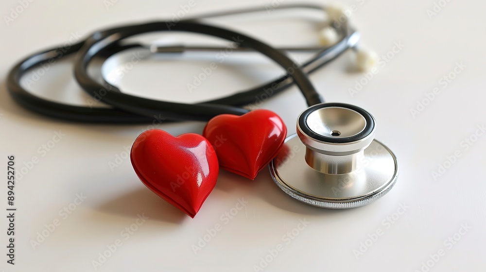 A stethoscope and two hearts on a white background. A stethoscope and two hearts on a white background.