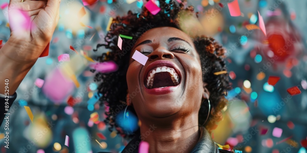 A young woman in a crowd is laughing and celebrating, with confetti falling around her. She has her mouth open wide, enjoying the joyful atmosphere at a party or event. A young woman in a crowd is laughing and celebrating, with confetti falling around her. She has her mouth open wide, enjoying the joyful atmosphere at a party or event.