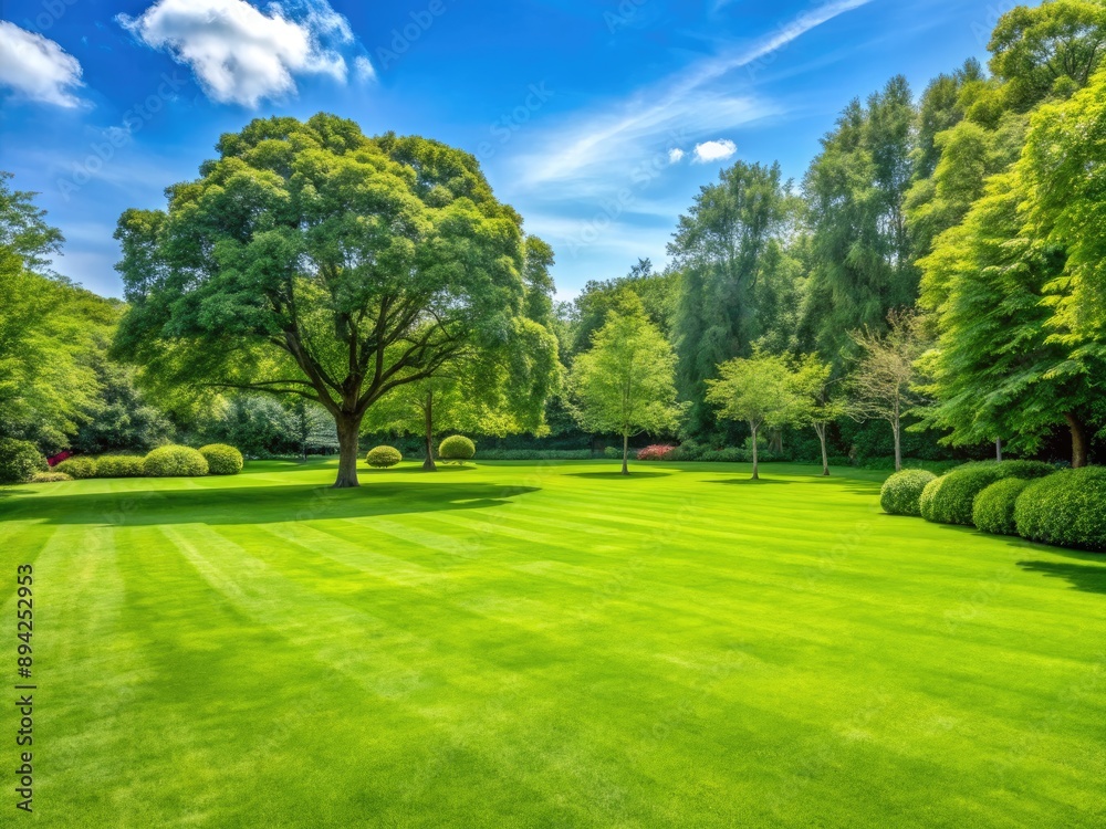 Serene green lawn stretched against a vibrant tree-lined background, providing ample copyspace for text or design, evoking a sense of natural tranquility and relaxation. Serene green lawn stretched against a vibrant tree-lined background, providing ample copyspace for text or design, evoking a sense of natural tranquility and relaxation.