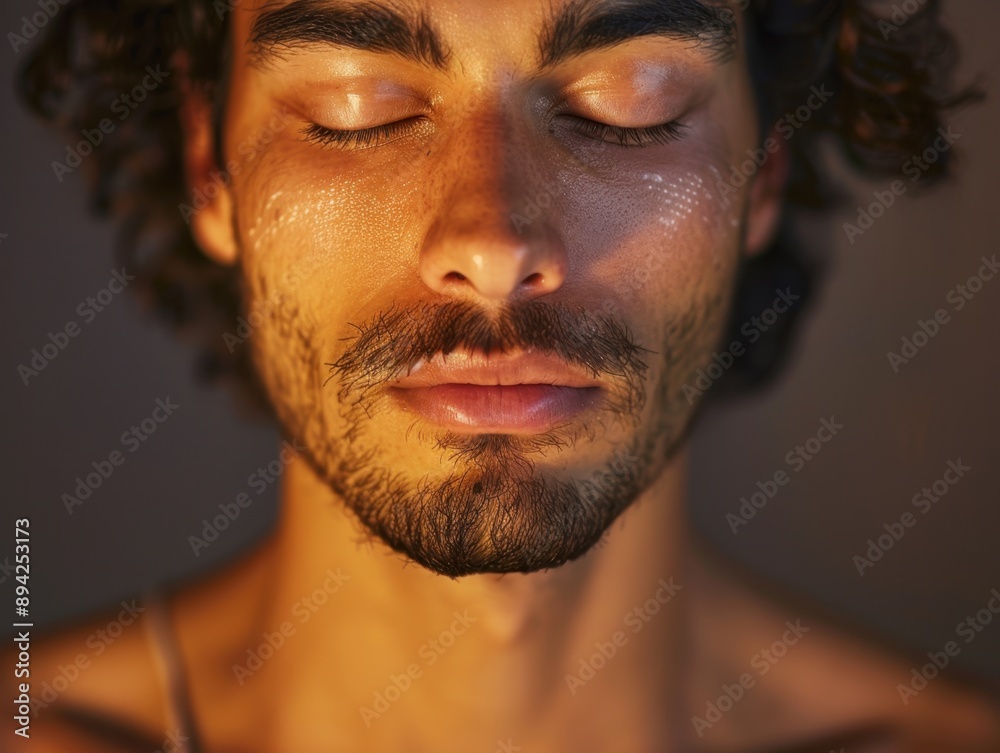 Fototapeta premium A man with a beard in meditation, eyes closed, forehead and hands in prayer position.