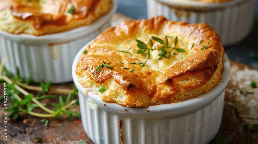Delicious Savory Souffl? Served in White Ramekins with Fresh Thyme Delicious Savory Souffl? Served in White Ramekins with Fresh Thyme
