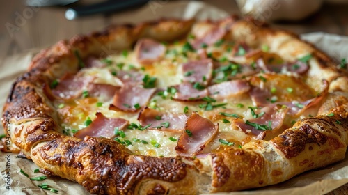 Wallpaper Mural Delicious Gourmet Pizza with Ham and Fresh Chives on a Rustic Background Torontodigital.ca