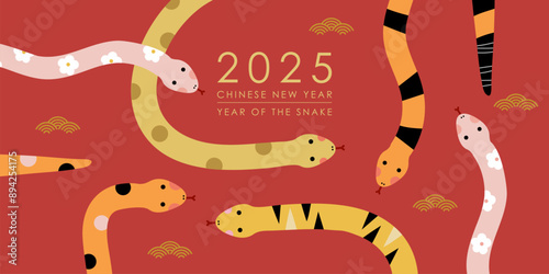 appy Chinese new year 2025 greeting card with cute snakes.  Animal zodiac cartoon character. Translate: Happy new year, snake. -Vector