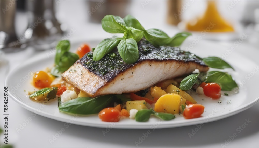 Tender dorado fillet with vegetables and basil Banquet festive dishes Gourmet Tender dorado fillet with vegetables and basil Banquet festive dishes Gourmet