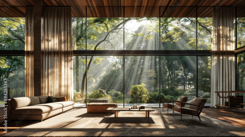 Modern living room with large windows and sunlight streaming through trees Modern living room with large windows and sunlight streaming through trees