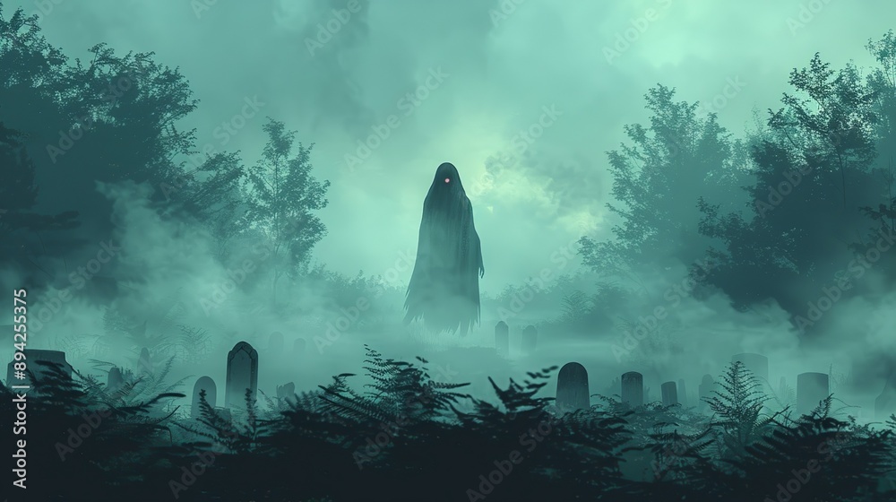 Sinister shadow of a figure in a fog-covered graveyard. Minimalist UI in a flat illustration style on a white background with bright Color scheme, dribble, flat Illustration , Minimalism, Sinister shadow of a figure in a fog-covered graveyard. Minimalist UI in a flat illustration style on a white background with bright Color scheme, dribble, flat Illustration , Minimalism,