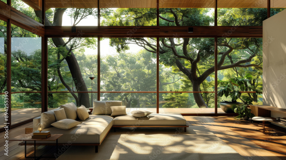 Fototapeta premium Modern living room with large windows and sunlight streaming through trees