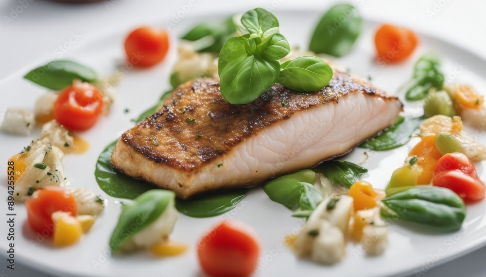 Tender dorado fillet with vegetables and basil Banquet festive dishes Gourmet Tender dorado fillet with vegetables and basil Banquet festive dishes Gourmet