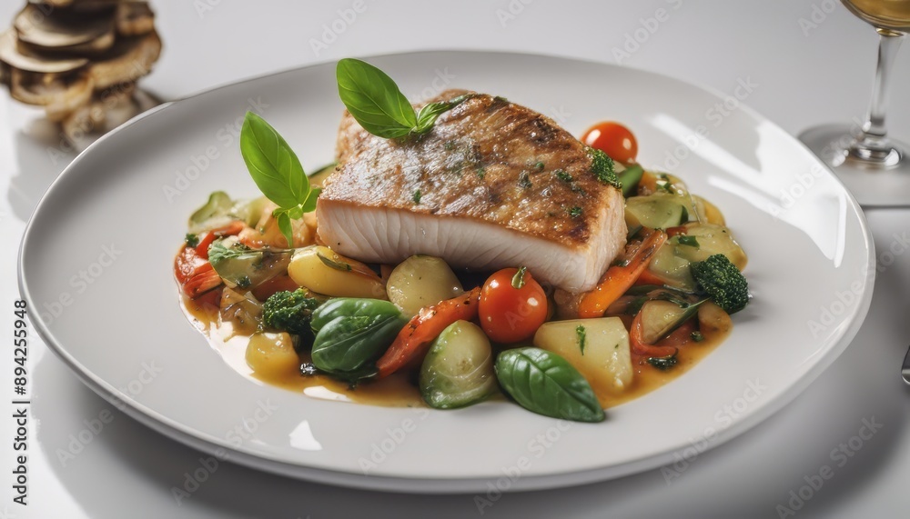 Tender dorado fillet with vegetables and basil Banquet festive dishes Gourmet Tender dorado fillet with vegetables and basil Banquet festive dishes Gourmet