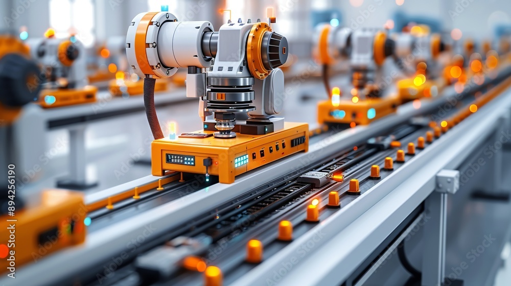 Industrial automation and robotics in production lines. Minimalist UI in a flat illustration style on a white background with bright Color scheme, dribble, flat Illustration , Minimalism, Industrial automation and robotics in production lines. Minimalist UI in a flat illustration style on a white background with bright Color scheme, dribble, flat Illustration , Minimalism,