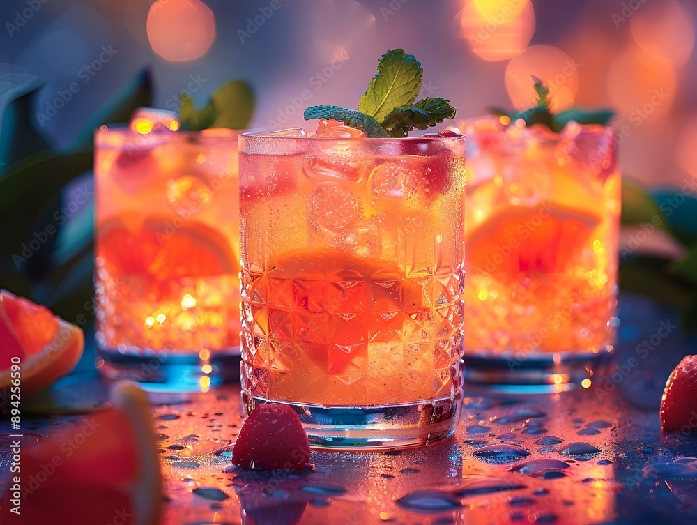  Three glasses of orange juice garnished with fresh mint leaves.