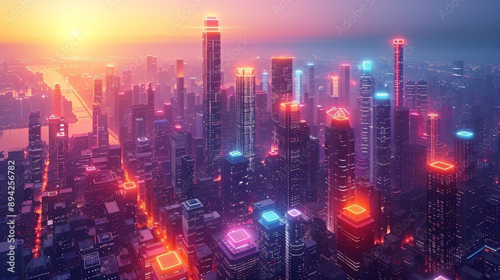 Sustainable urban development with abstract smart city infrastructure. Minimalist UI in a flat illustration style on a white background with bright Color scheme, dribble, flat Illustration , Sustainable urban development with abstract smart city infrastructure. Minimalist UI in a flat illustration style on a white background with bright Color scheme, dribble, flat Illustration ,