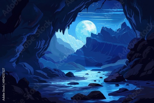 Peaceful moonlight over a serene mountain lake in a rocky cavern photo