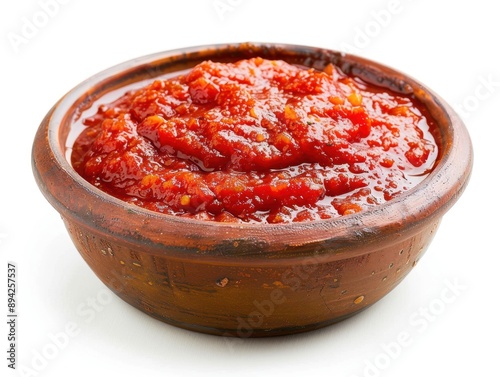 Slice of tomato sauce resting on top of a white surface, contained within a traditional earthenware vessel.