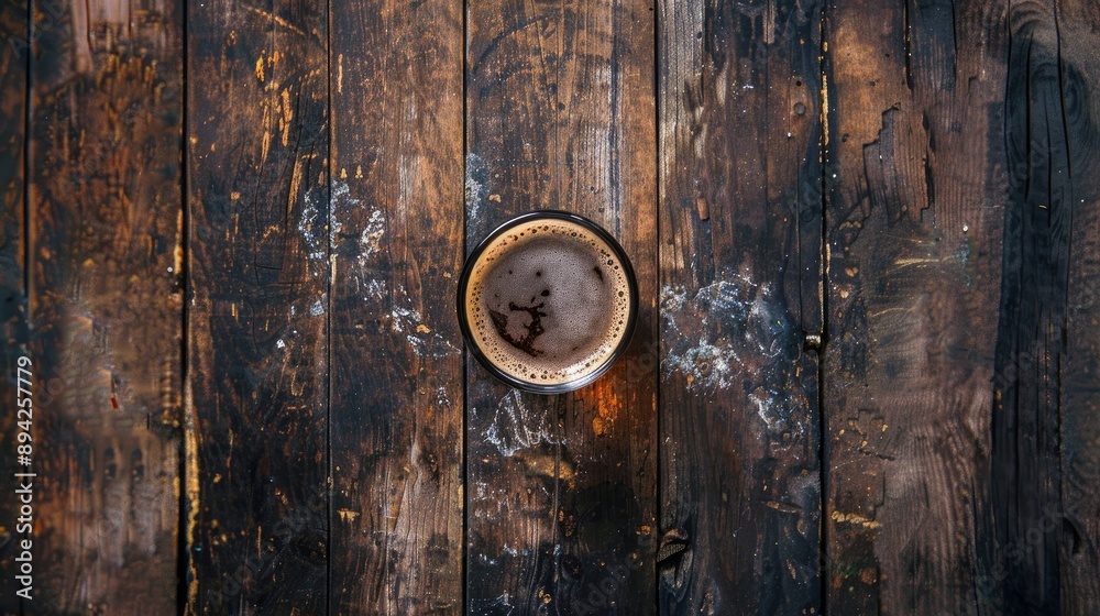 Fototapeta premium Beer coaster on old wooden surface Flat lay
