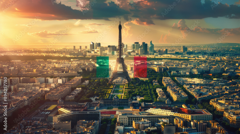 Naklejka premium Panorama of Paris showing the Eiffel Tower, French flag, and 2024 Summer Olympics logo together