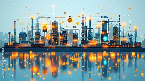 Industry 4.0 with abstract smart factories and IoT devices. Minimalist UI in a flat illustration style on a white background with bright Color scheme, dribble, flat Illustration , Minimalism,
