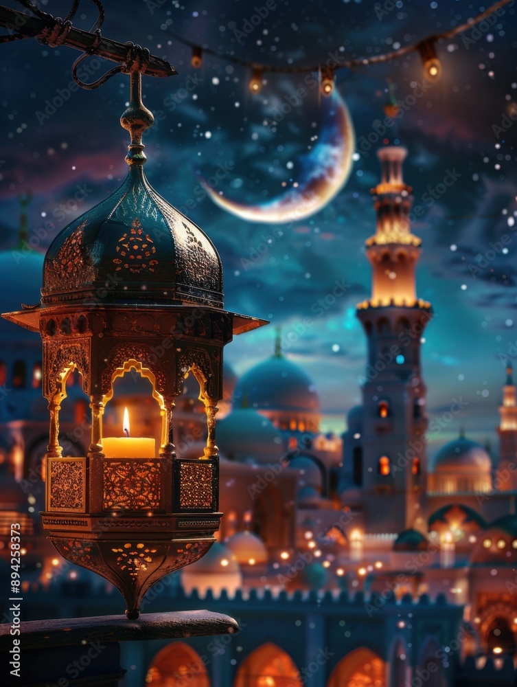 Illuminated minarets, glowing lanterns and moonlit mosques under starry sky. Illuminated minarets, glowing lanterns and moonlit mosques under starry sky.