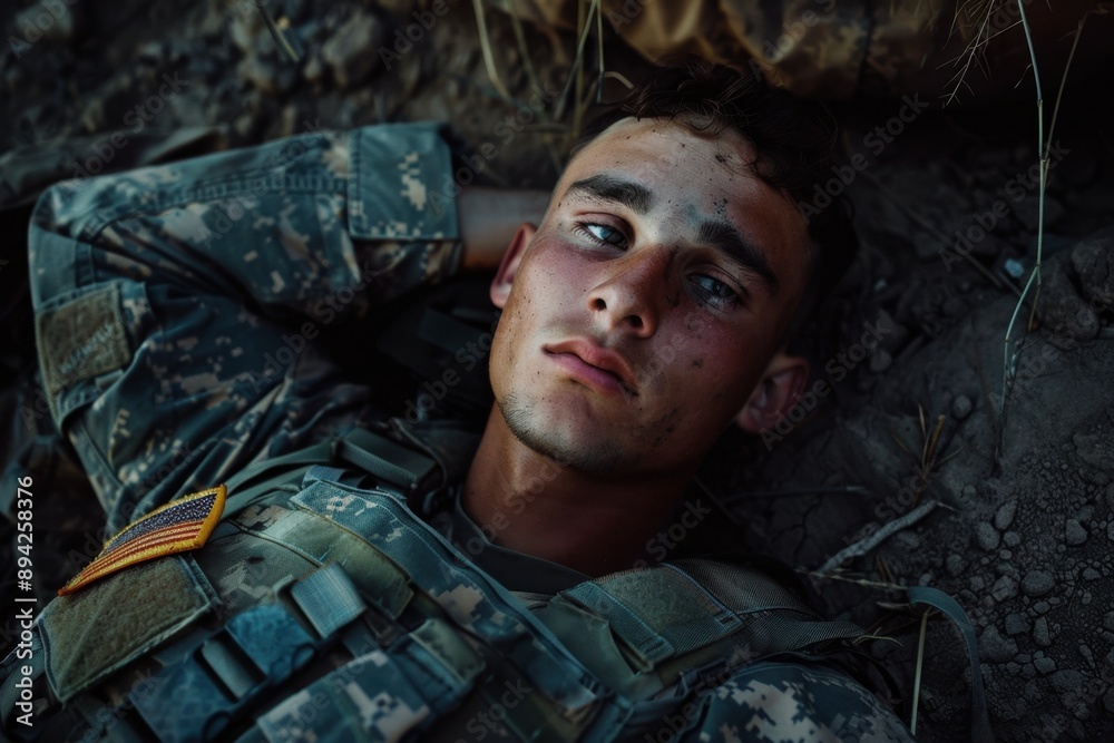 A young soldier in a military uniform, wearing gear and surrounded by equipment indicative of his service. A young soldier in a military uniform, wearing gear and surrounded by equipment indicative of his service.