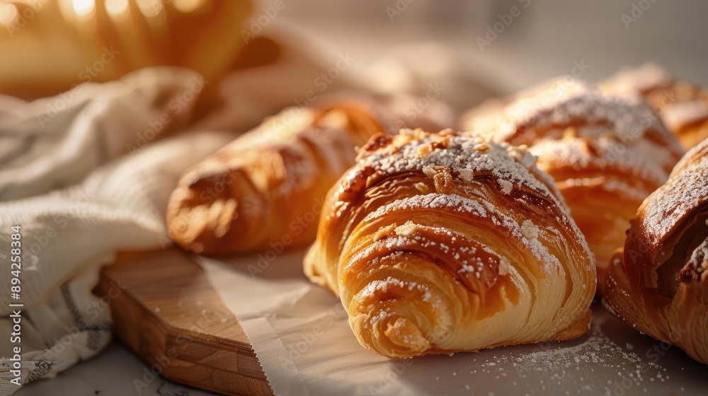 Delicious fresh croissants on a wooden board with a rustic setting, perfect for a breakfast or bakery themed stock photo. Delicious fresh croissants on a wooden board with a rustic setting, perfect for a breakfast or bakery themed stock photo.